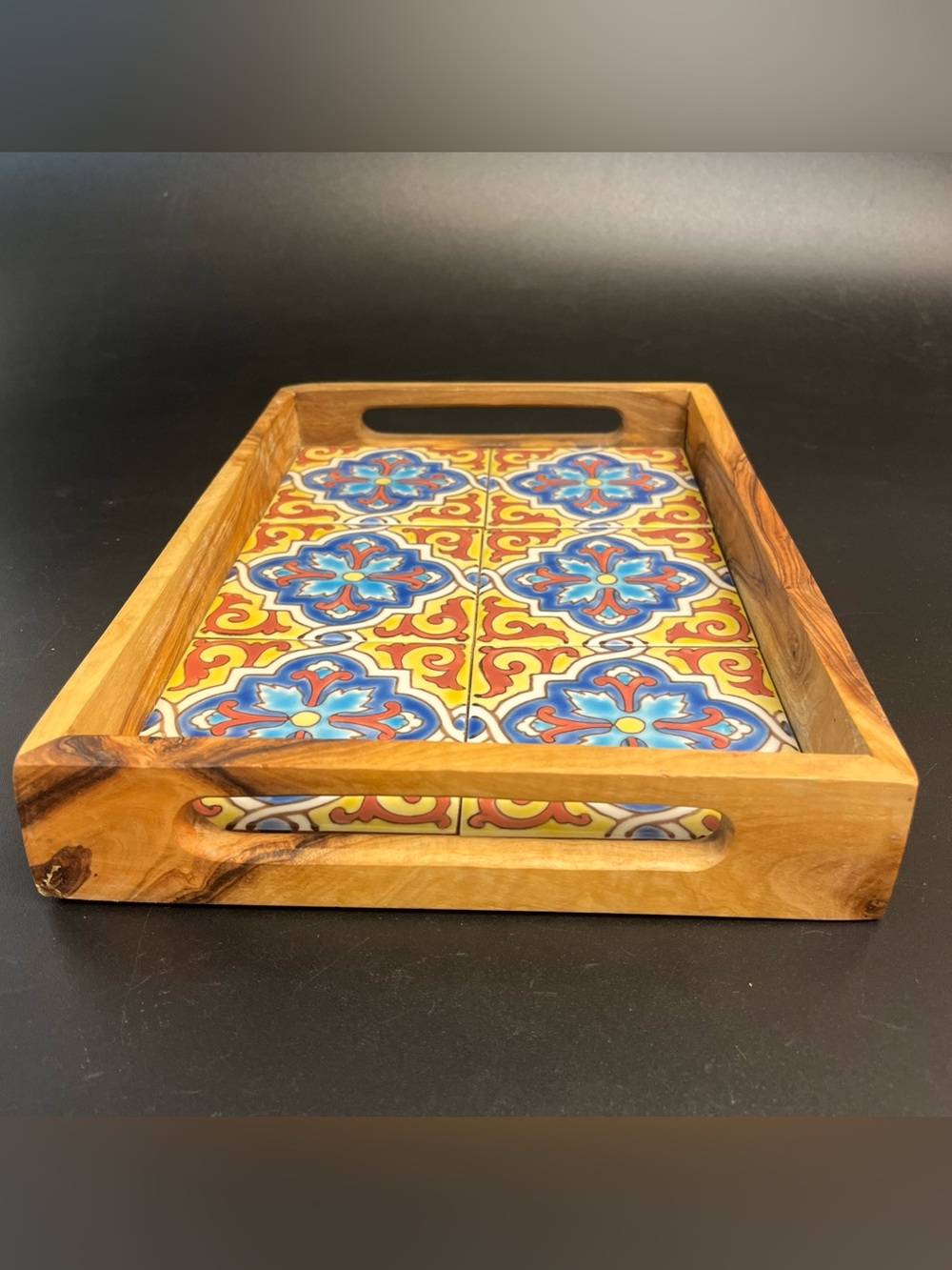 Handmade Wooden Tile Serving Tray with Colorful Floral Tiles